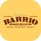 Logo reading 'Fresh Baked Don Guerrero's Barrio Bagel & Slice' with words 'Made Daily,' 'Sabor Am,' 'Heritage,' and 'Community' surrounding it.