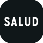 White text 'SALUD' centered on a black rounded square background.