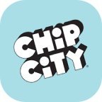 Chip City logo with bold white letters on a black shadow background inside a rounded blue square.