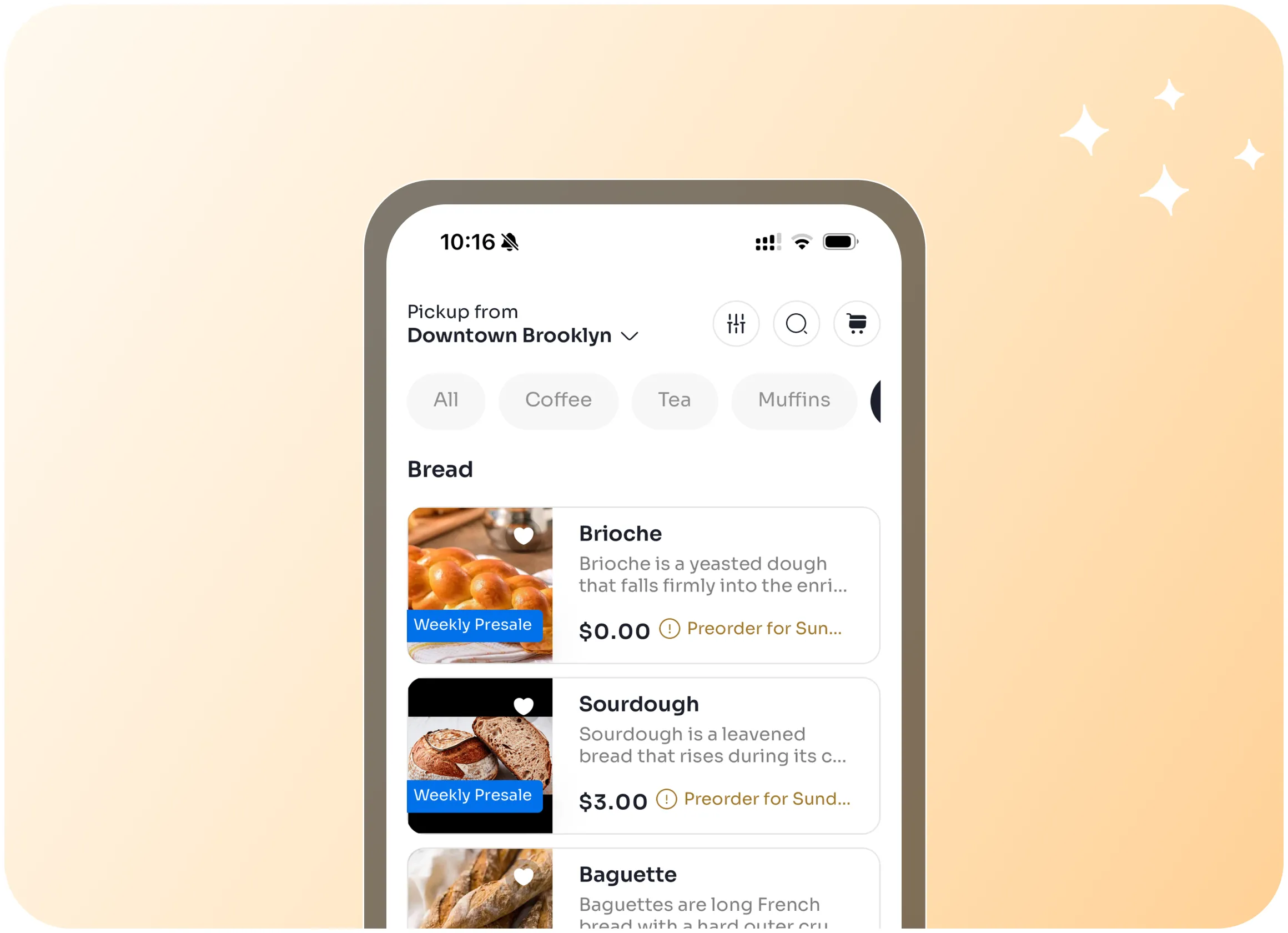 Mobile app screen showing bread options with images and prices for pickup from Downtown Brooklyn, featuring Brioche, Sourdough, and Baguette.