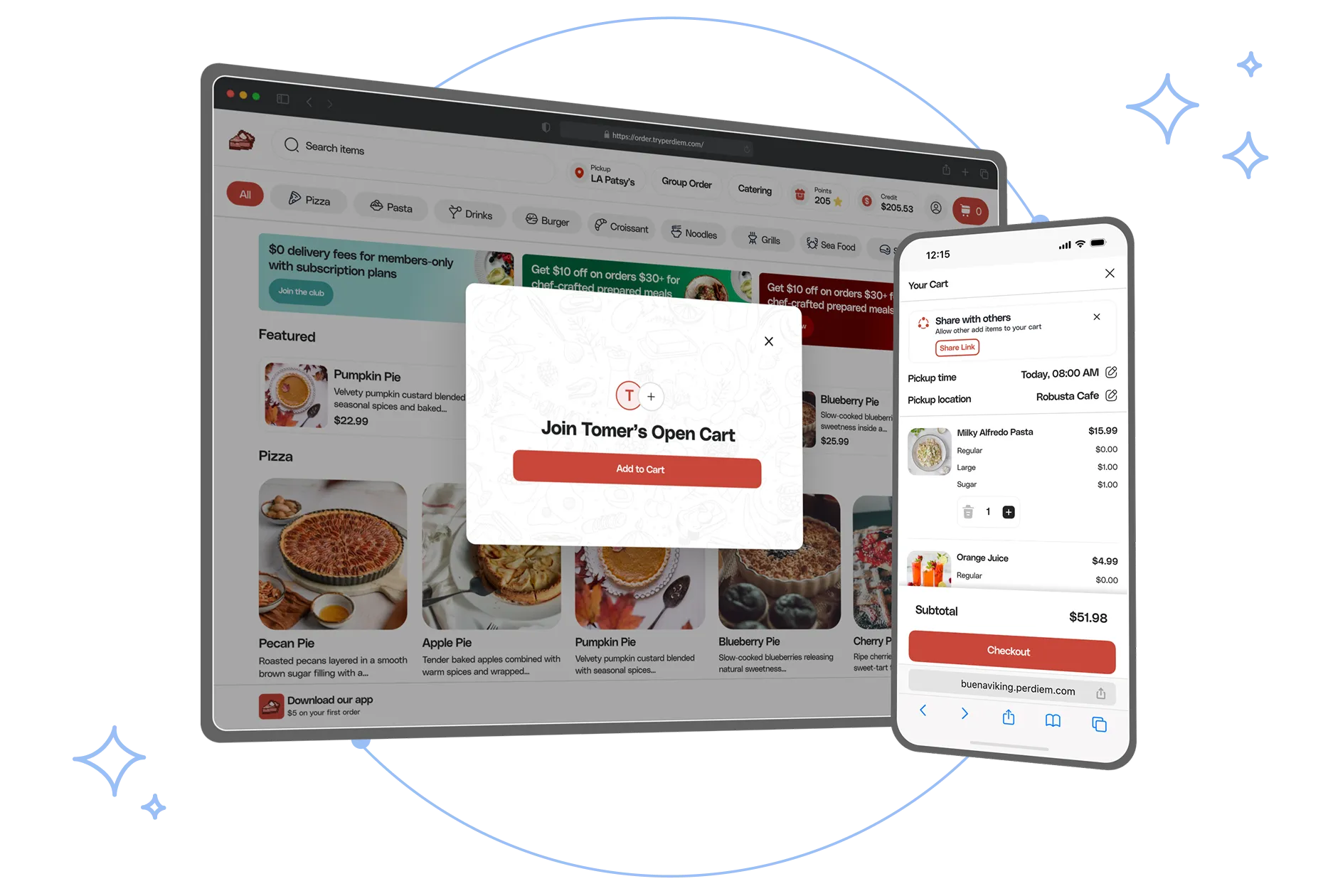 Tablet displaying an online food menu with pie options and a pop-up to join an open cart, alongside a smartphone showing a shopping cart with pasta and orange juice items ready for checkout.