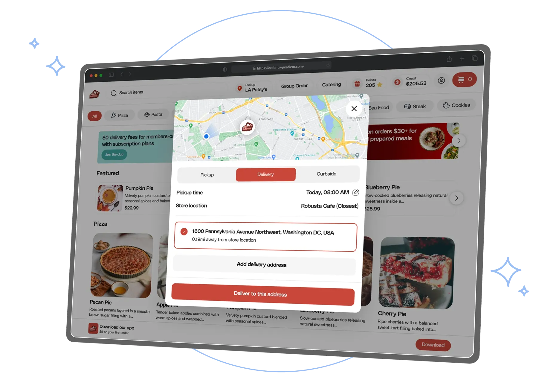 Webpage showing a food ordering interface with a delivery address set to 1600 Pennsylvania Avenue Northwest, Washington DC, USA, and delivery option selected.