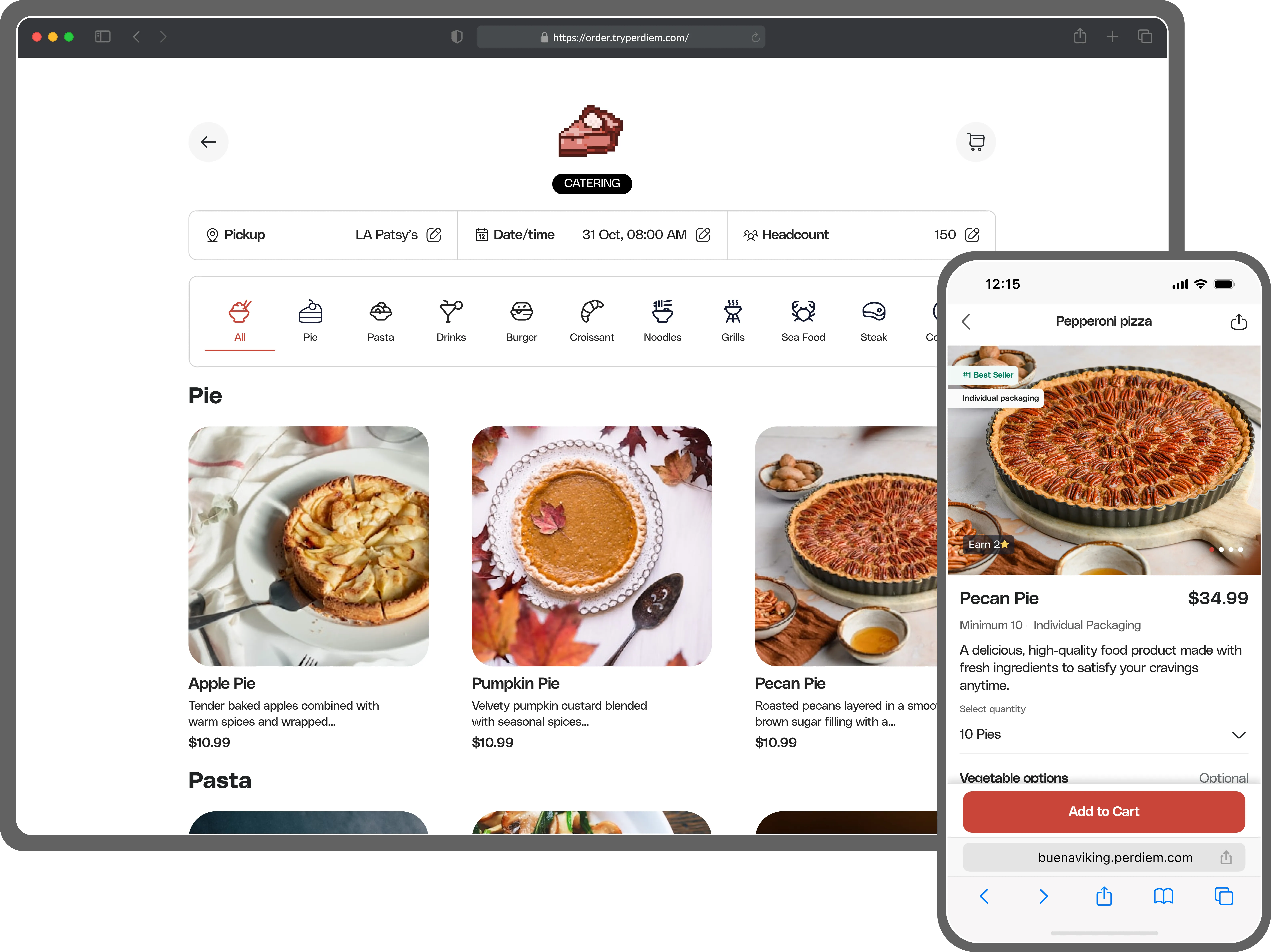 Online catering menu showcasing various pies including Apple Pie, Pumpkin Pie, and Pecan Pie with prices, alongside a mobile view highlighting Pecan Pie details and add to cart button.