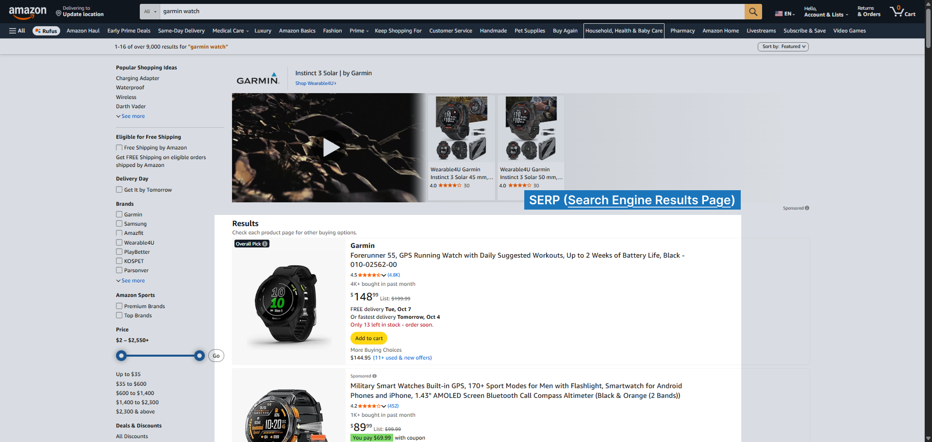 Screenshot of Amazon’s Search Engine Results Page (SERP) displaying product listings after a search query for a Garmin watch.