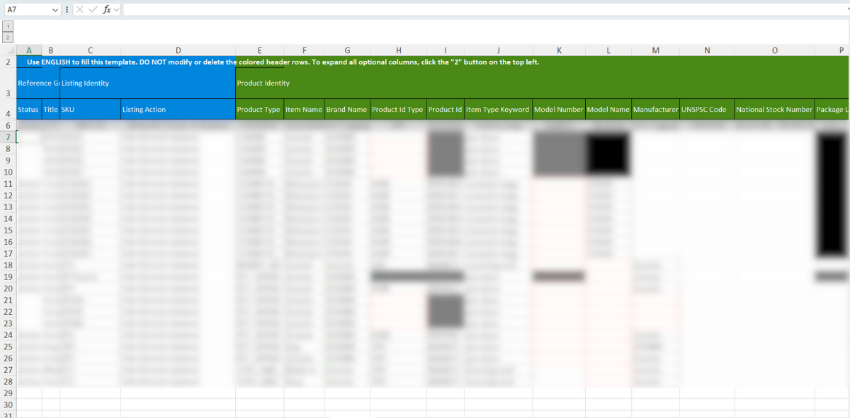 Screenshot of the Amazon Category Listing Report spreadsheet 