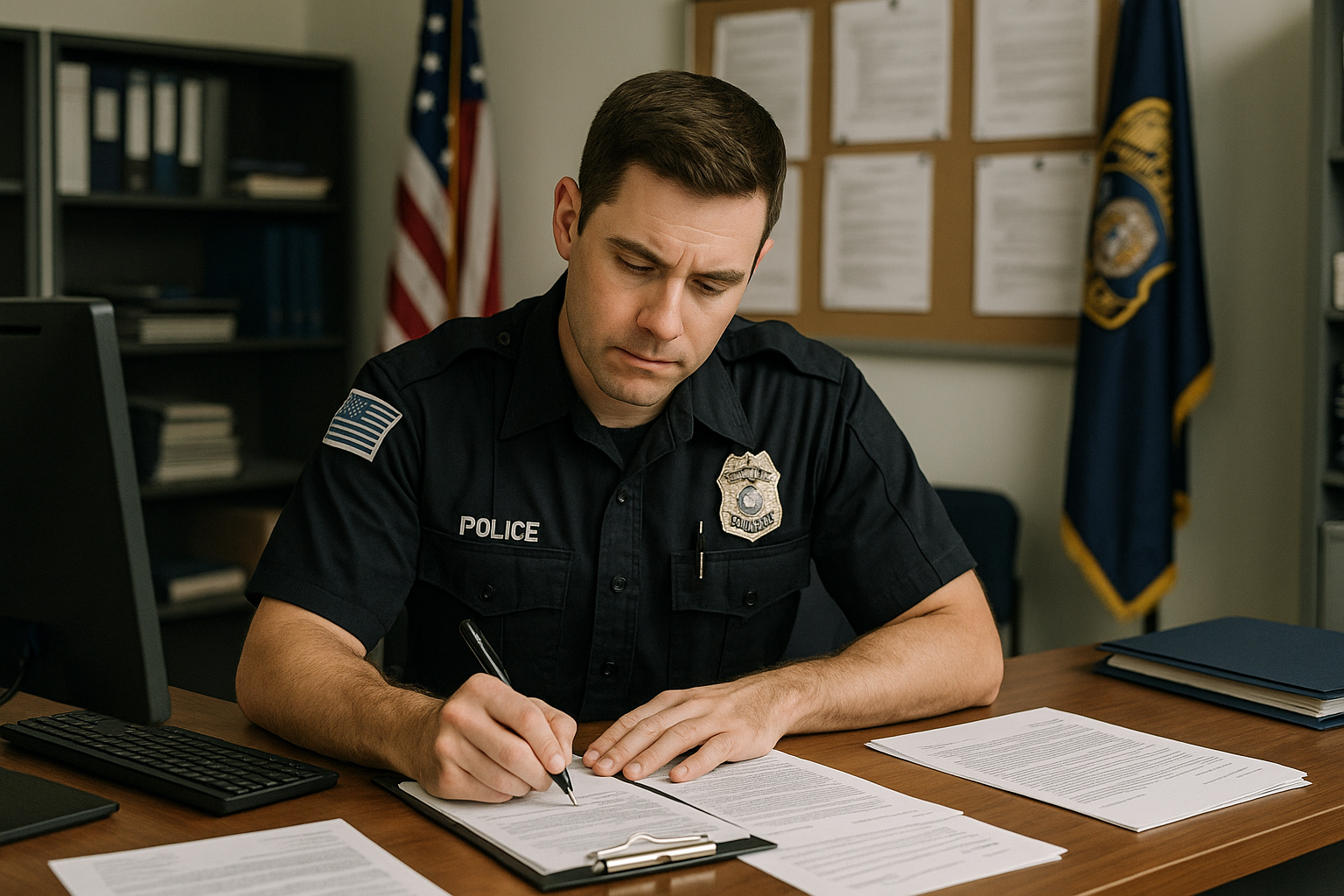 Police officer completing official paperwork and reports at station desk