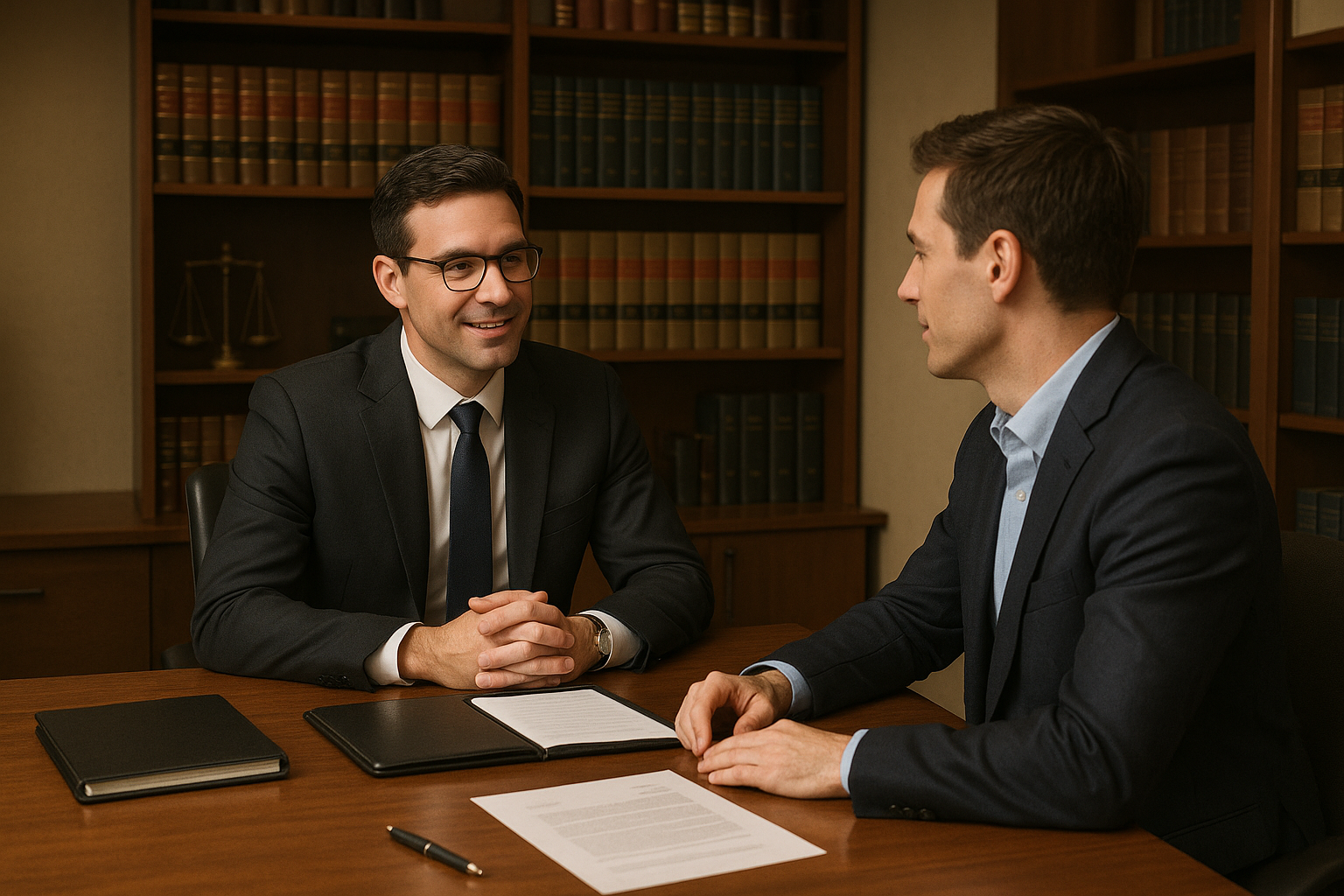 Legal consultation between attorney and client discussing defense strategies