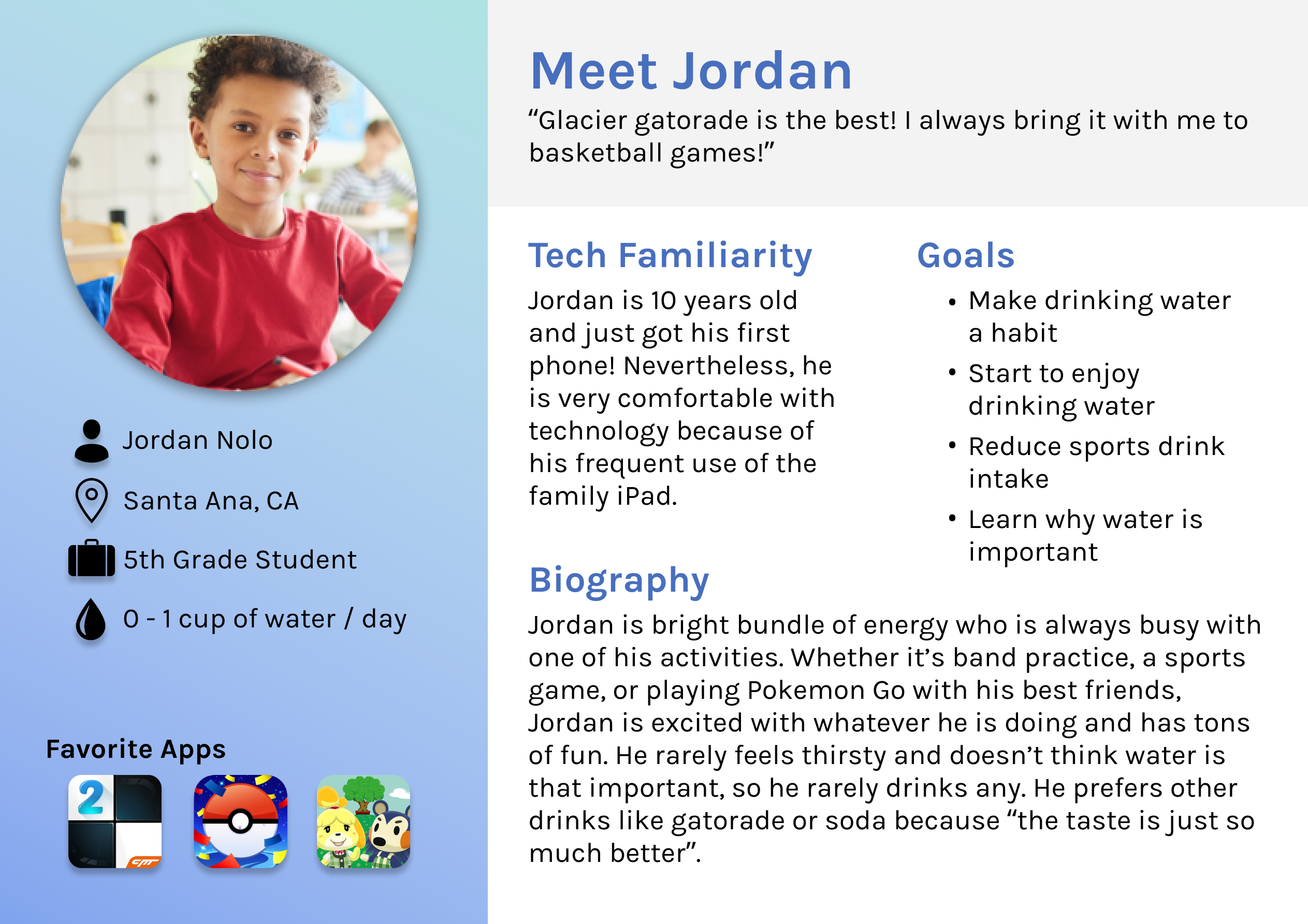 A persona. Left side has a picture of a young boy  Below him is a list of introductory facts about him as well as icons of his favorite apps. The right side has a quote from him, information about his tech familiarity, goals, and biography. 