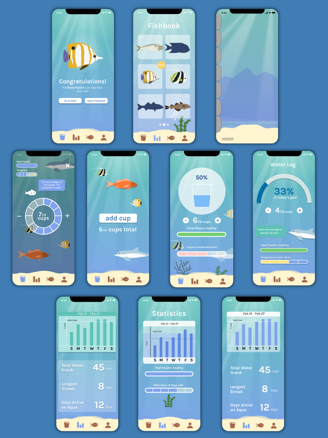 Warm blue background. Three rows of screenshots of Aqua iterations. First row has three screenshots, second row has four screenshots, and third row has three screenshots.