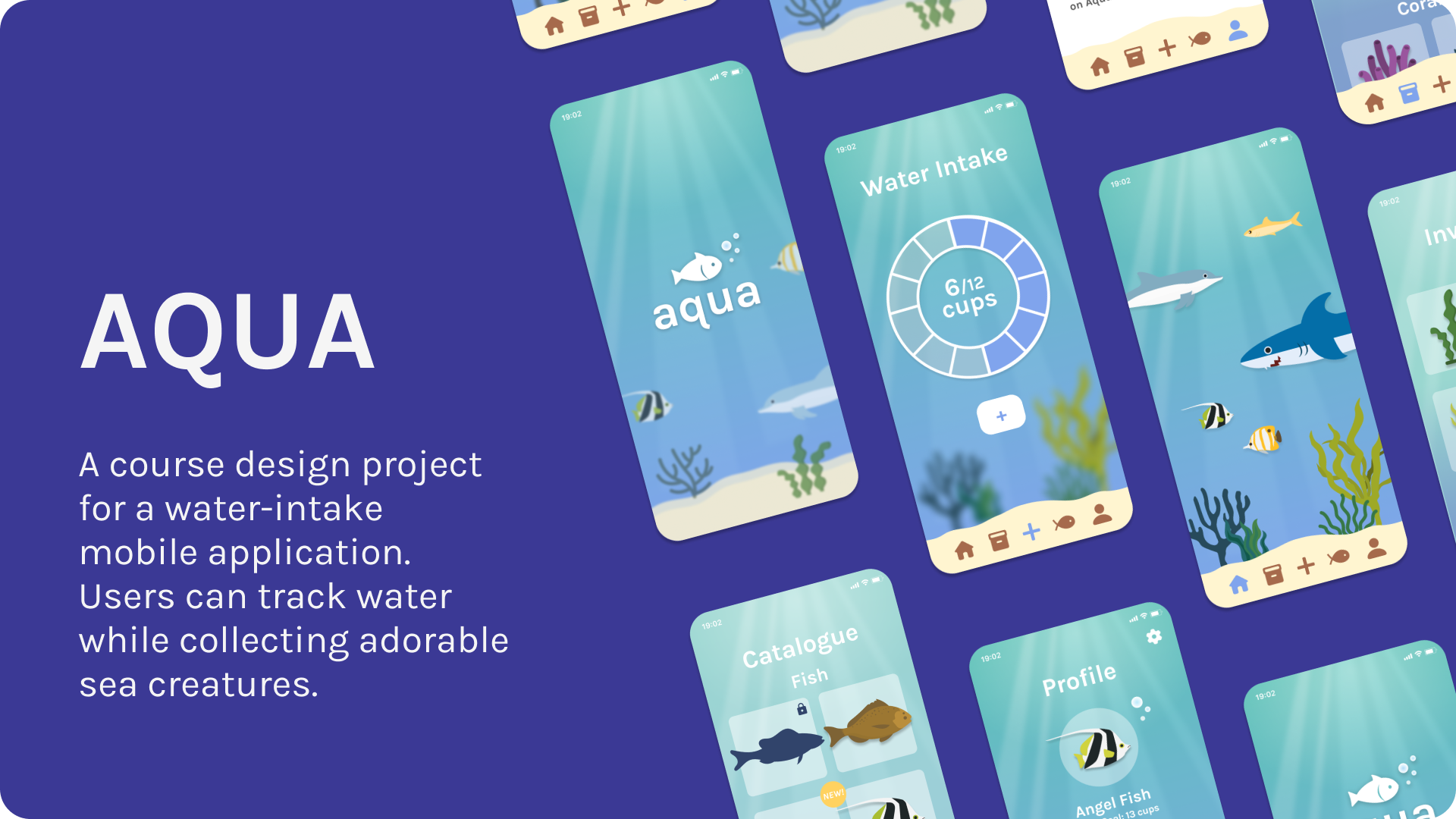 Screenshots of an app arranged in a geometric pattern over a dark blue background.
