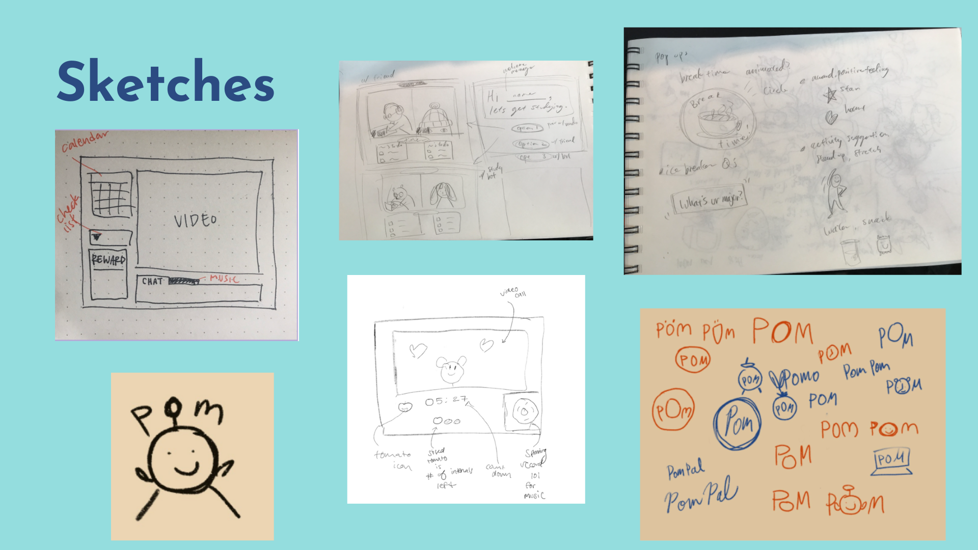 Various screenshots of sketches placed onto a teal background.