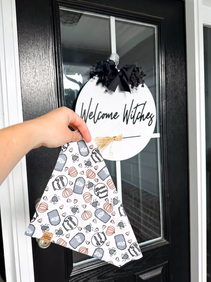 hand holding a hocus pocus halloween themed dog bandana
