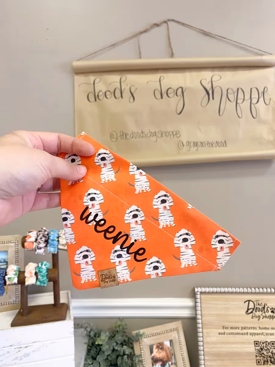 hand holding orange dog mummy dog bandana