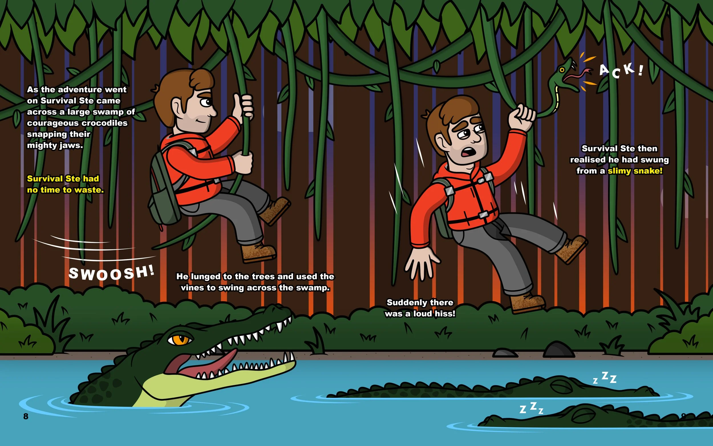 Interior spread from Survival Ste and Benji Go on an Adventure showing a jungle rope swing and crocodiles