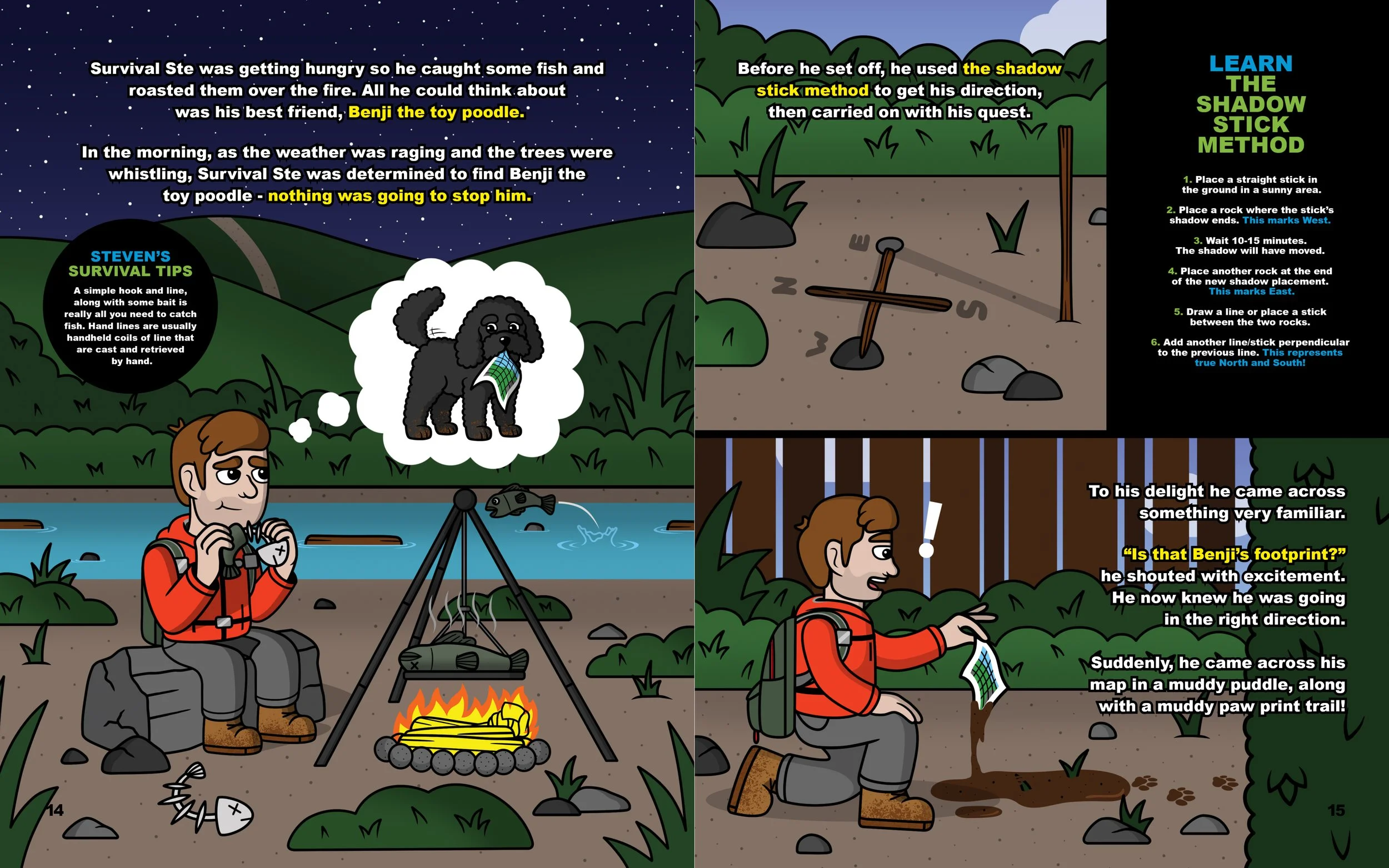 Interior spread from Survival Ste and Benji Go on an Adventure showing a campfire scene and shadow-stick direction lesson