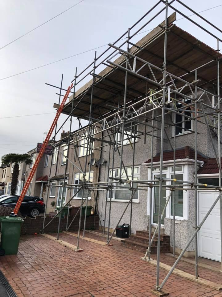 scaffolding on grey house