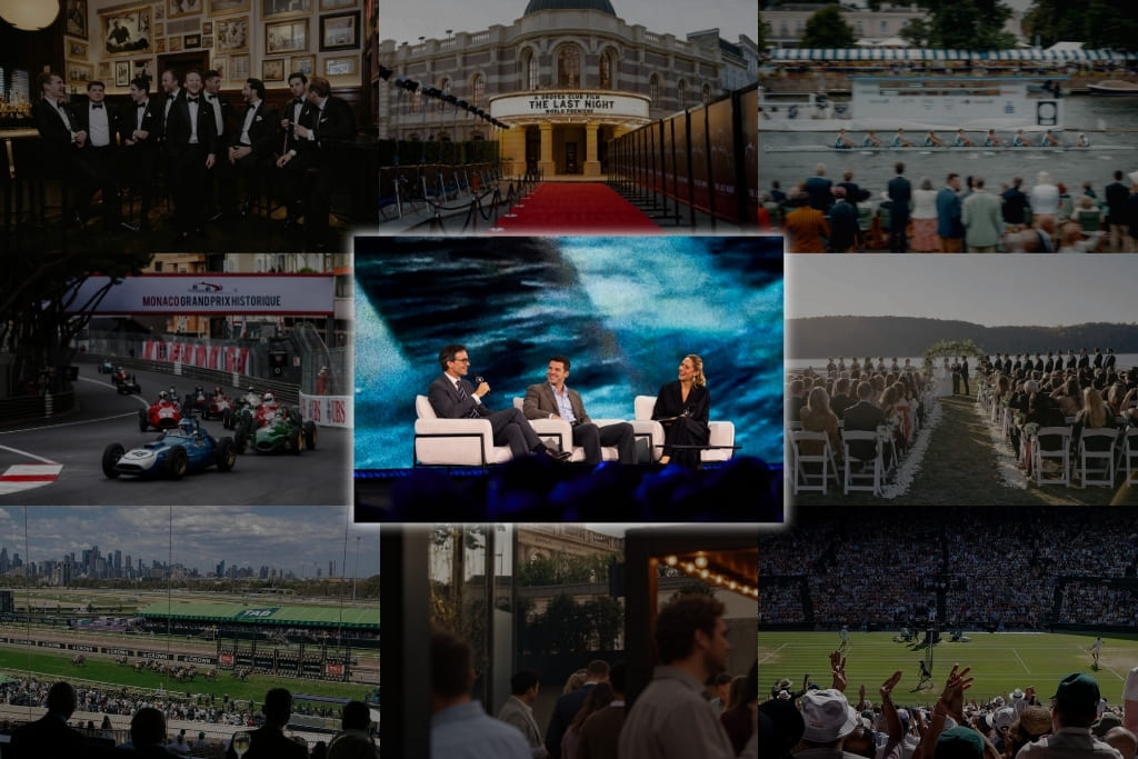 Collage of different occasions including weddings, business events, horse racing, tennis and formal events.