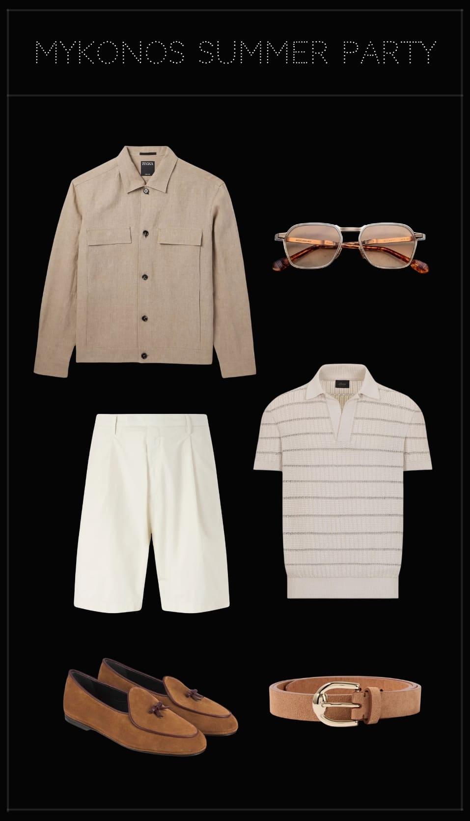 Men’s Mykonos summer party outfit featuring a lightweight jacket, knit polo, tailored shorts, suede loafers and sunglasses.