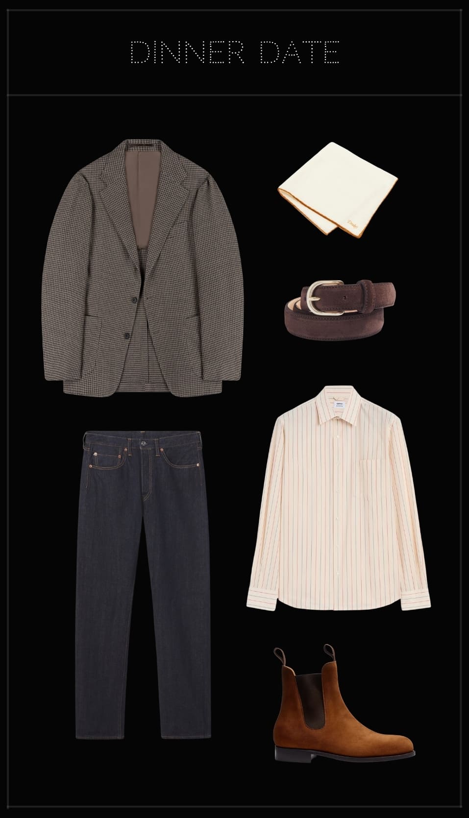 Men’s dinner date outfit featuring a checked blazer, dark jeans, striped shirt, suede belt and Chelsea boots.