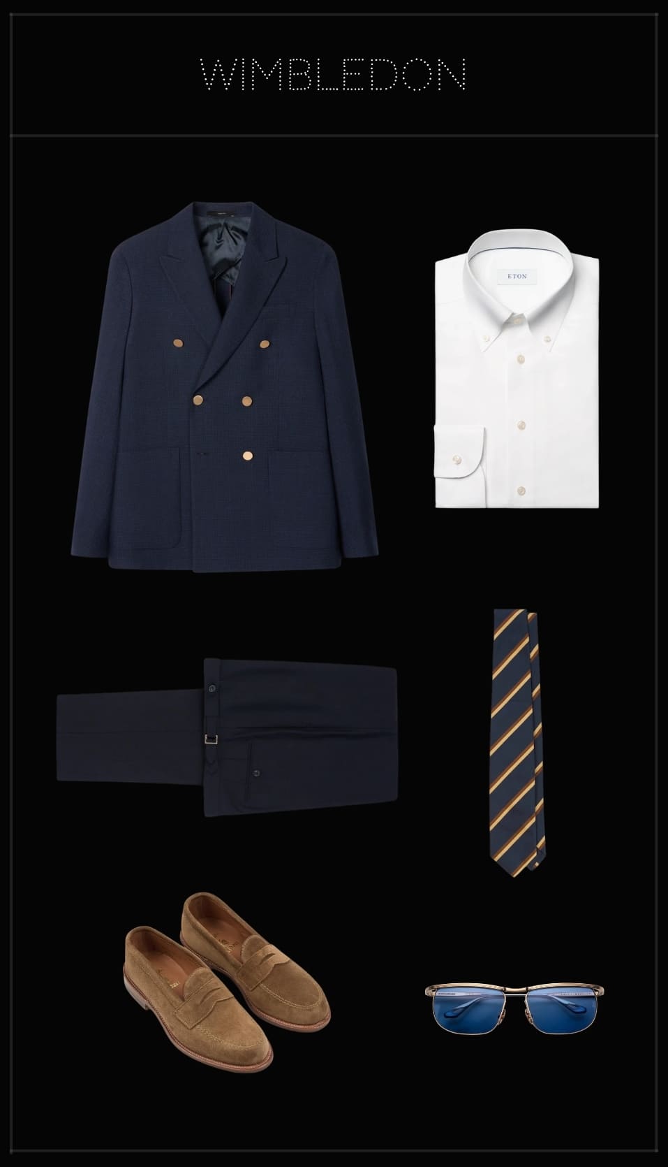 Men’s Wimbledon outfit featuring a navy blazer, white shirt, tailored trousers, striped tie, suede loafers and sunglasses.