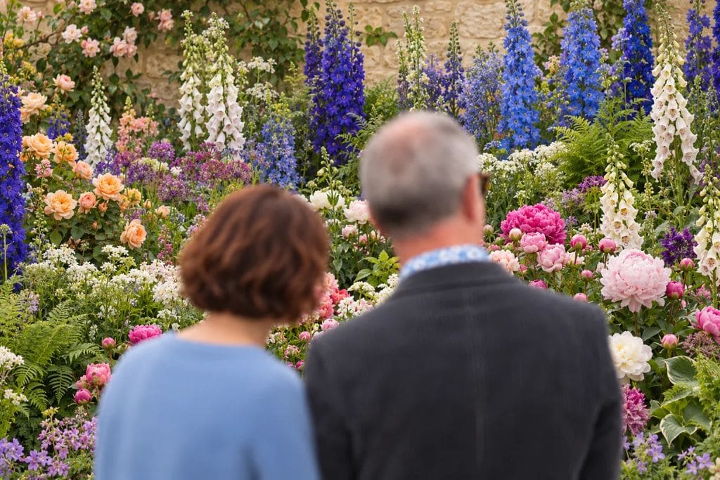 Visitors viewing floral displays at a formal daytime event.