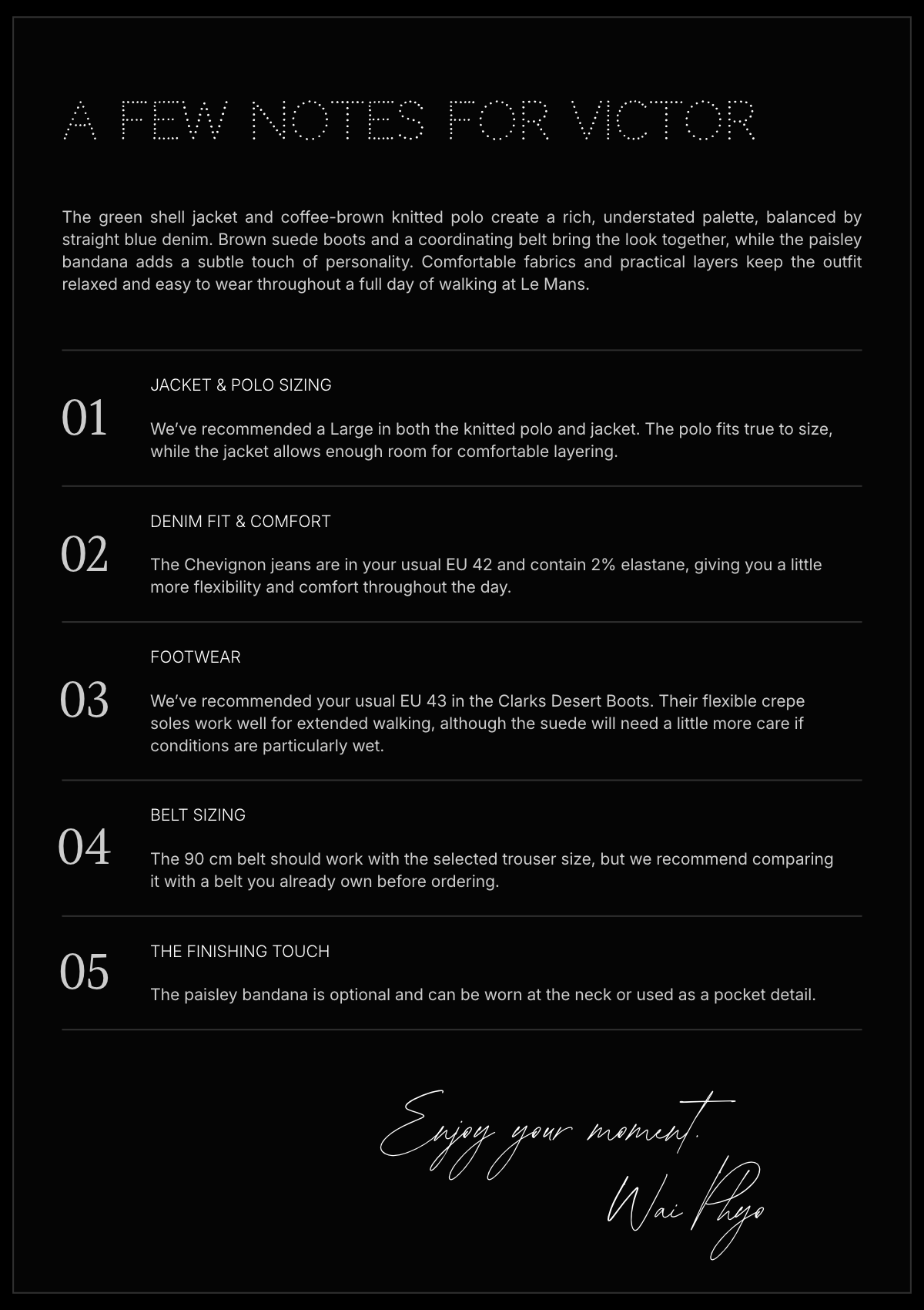 Example of personalised Drover Club styling notes covering fit, sizing, footwear and finishing details for a Le Mans outfit.