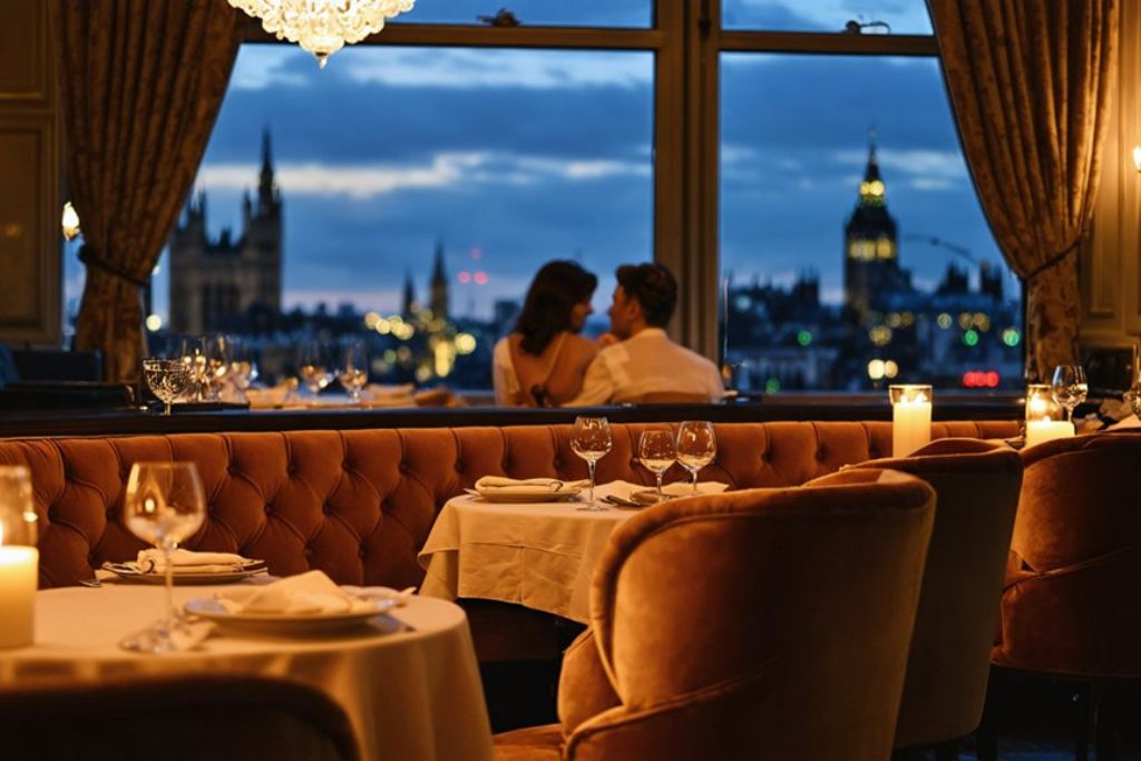 Romantic restaurant setting at night with city skyline view, perfect atmosphere for a first date.