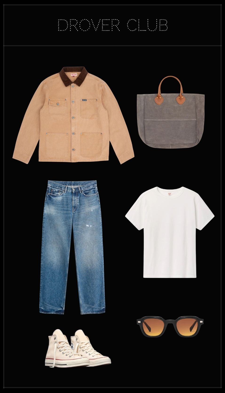 Men’s farmers market outfit with tan work jacket, white t-shirt, vintage blue jeans and Converse sneakers.
