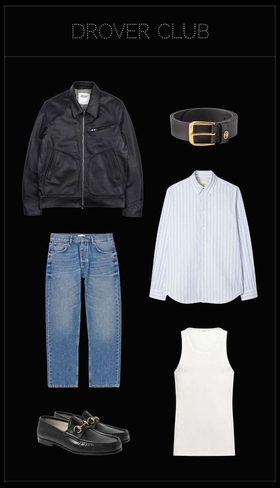 Men’s launch event outfit with black leather jacket, striped shirt, straight jeans and horsebit loafers.