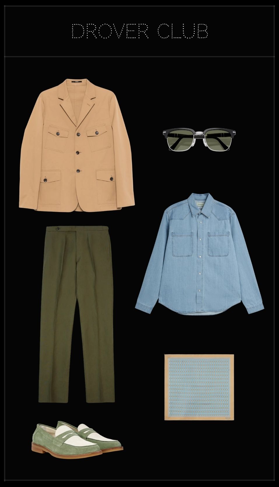 Men’s Chantilly Arts & Elegance outfit with safari blazer, denim shirt, linen trousers and suede loafers.