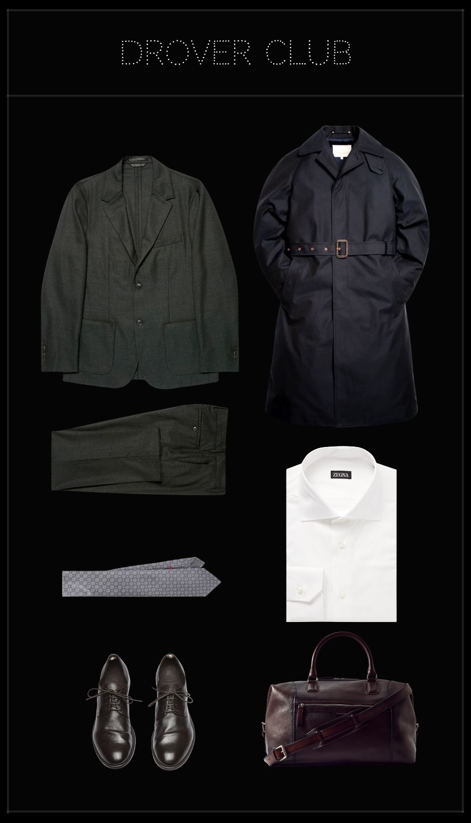 Men’s business travel outfit with navy trench coat, charcoal suit, white shirt, tie, leather shoes and weekender bag.