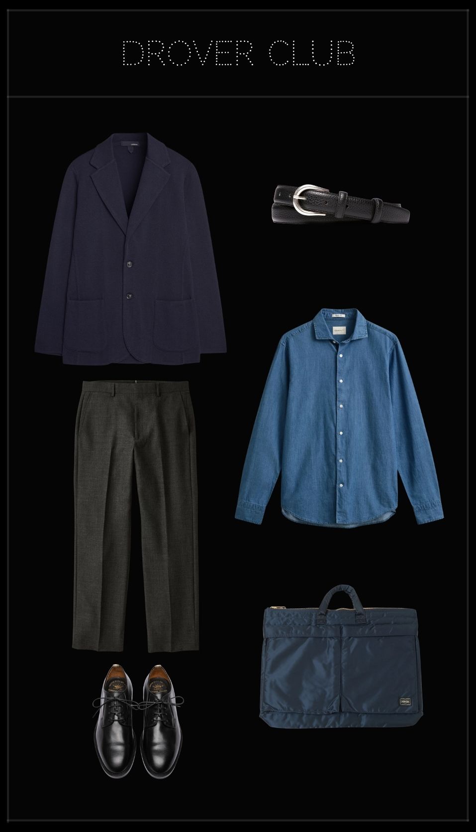 Men’s after-work outfit with navy blazer, indigo shirt, charcoal trousers and leather shoes.