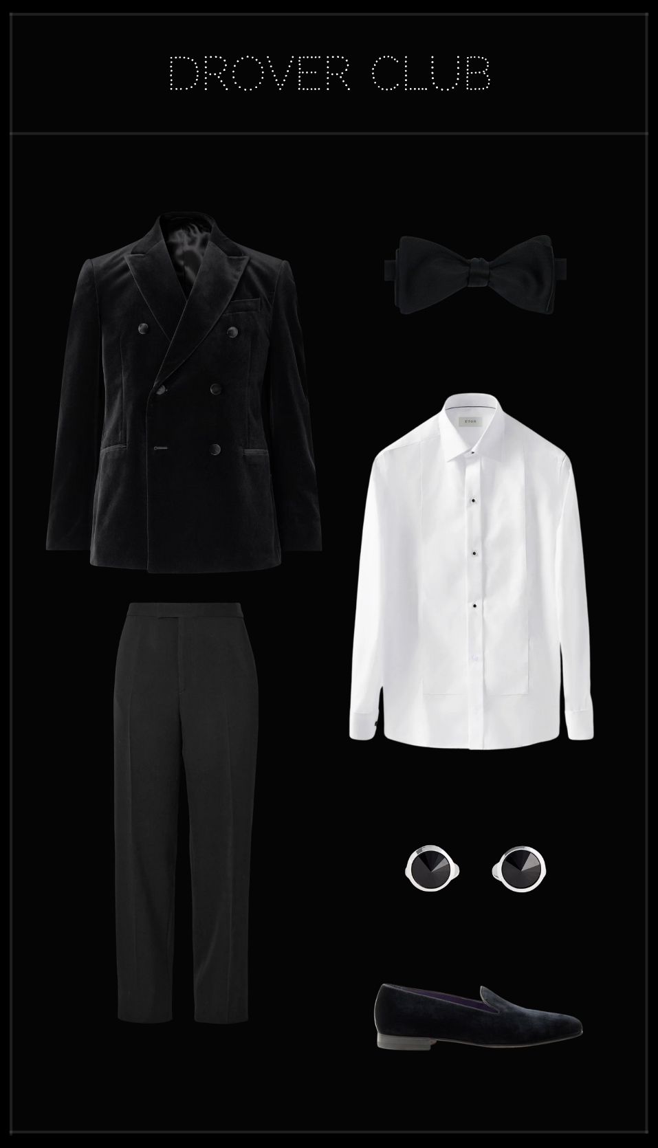Men’s black tie outfit with velvet tuxedo jacket, bow tie, dress shirt and velvet loafers.