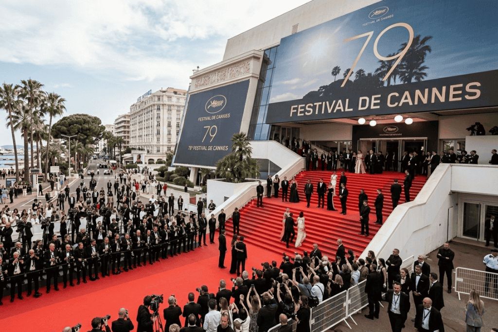 Red carpet at Cannes Film Festival with guests in black tie attire and photographers.