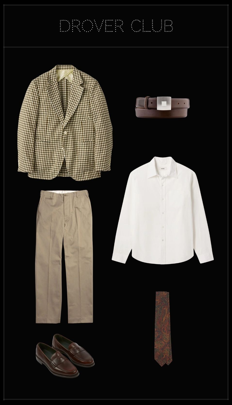 Men’s Riviera-inspired outfit with gingham blazer, white Oxford shirt, khaki chinos and brown loafers.