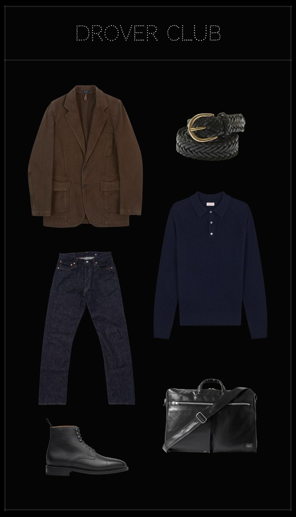 Men’s networking event outfit with cotton blazer, knitted polo, dark denim and leather boots.