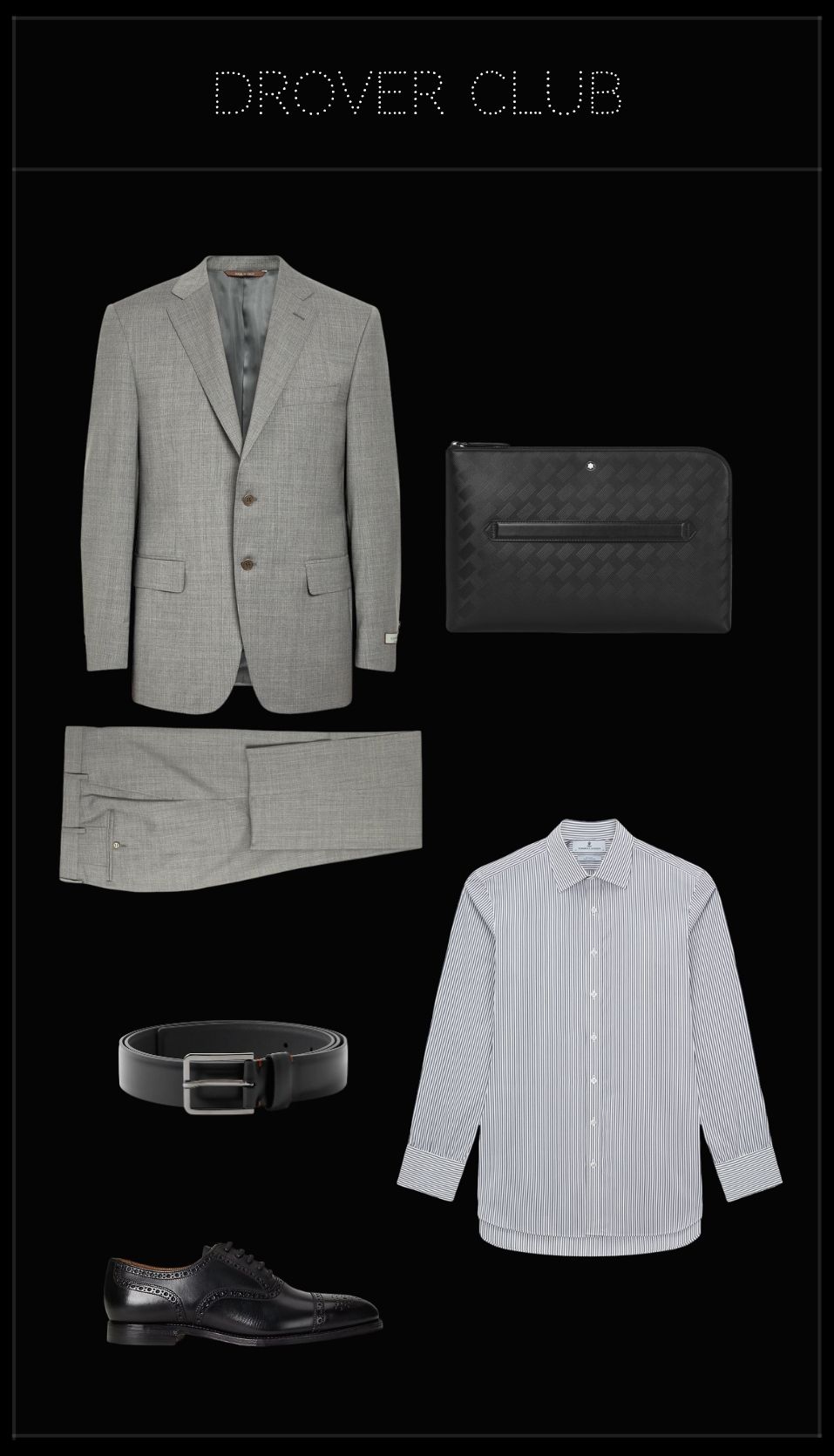 Men’s client presentation outfit with grey checked suit, striped shirt and black leather brogues.