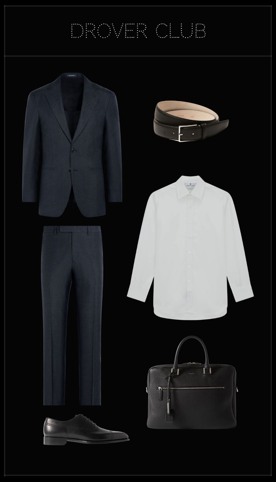 Men’s corporate seminar outfit with navy checked suit, white formal shirt, Oxford shoes and leather briefcase.