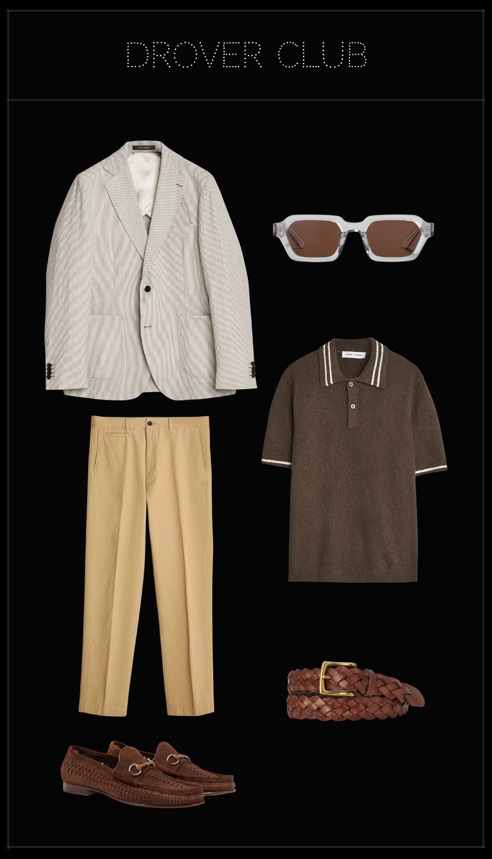 Men’s wine tasting outfit with unstructured blazer, knitted polo, khaki trousers and suede loafers.