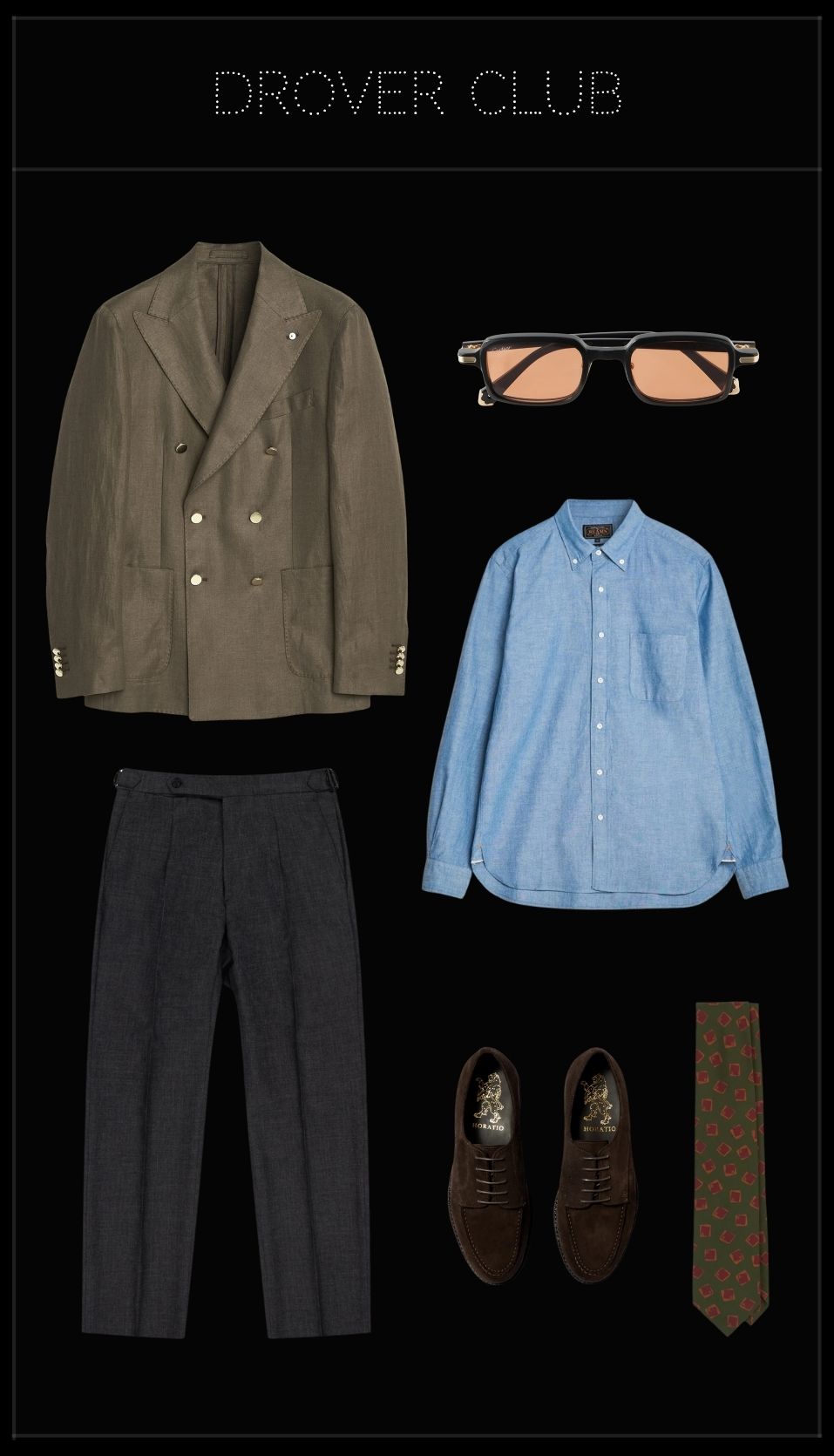 Men’s Roland Garros outfit with olive double-breasted blazer, chambray shirt, wool trousers and suede derby shoes.
