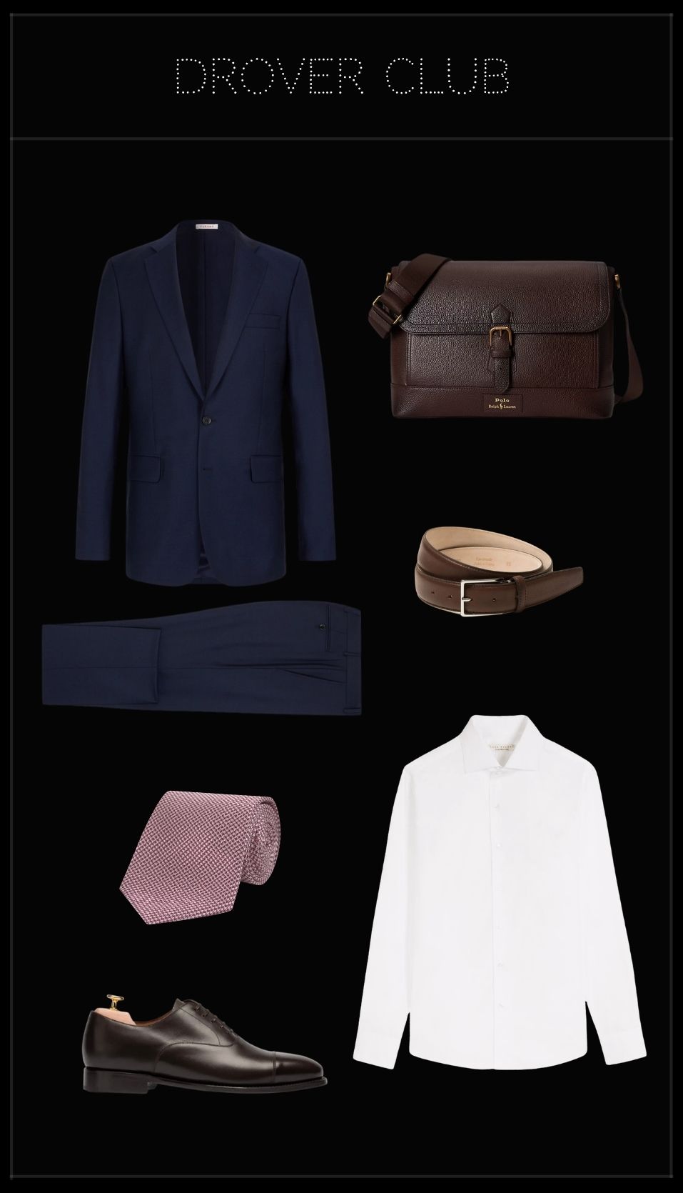Men's first day office outfit featuring a carbon blue suit, white shirt, pink silk tie, brown Oxford shoes, and leather messenger bag