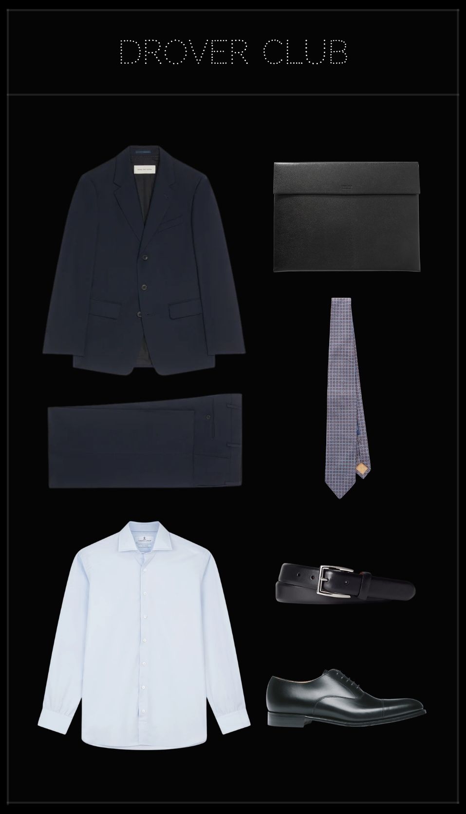 Men's job interview outfit featuring a navy suit, light blue shirt, printed silk tie, black Oxford shoes, leather belt and document pouch.
