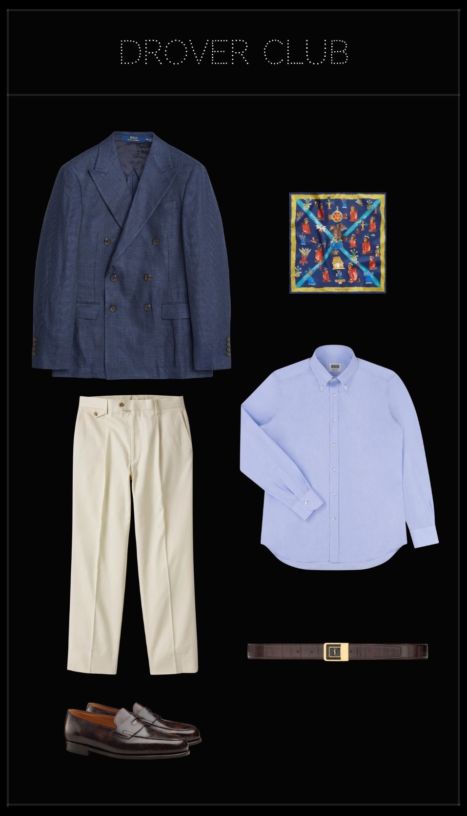 Men's Geneva Supercar Show outfit featuring a navy double-breasted blazer, light blue shirt, cream pleated trousers, brown penny loafers and luxury accessories.