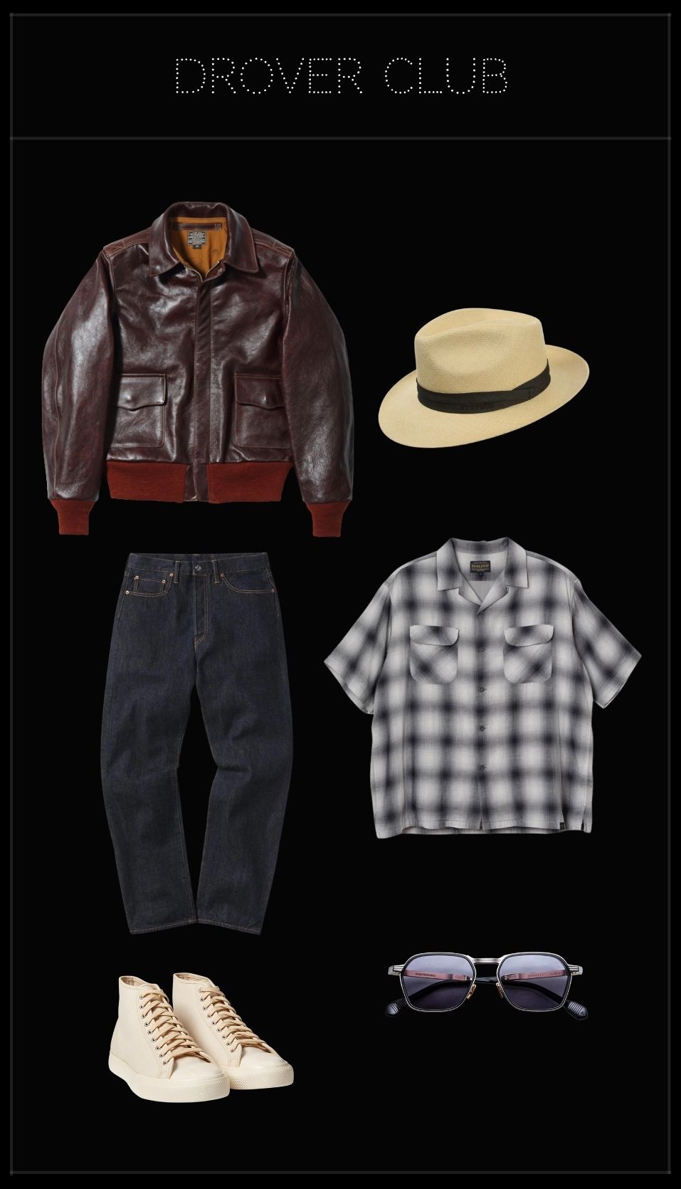 Men's 1000 Miglia outfit featuring an A-2 leather jacket, open-collar shirt, selvedge jeans, canvas high-top trainers, Panama hat and titanium-frame sunglasses.