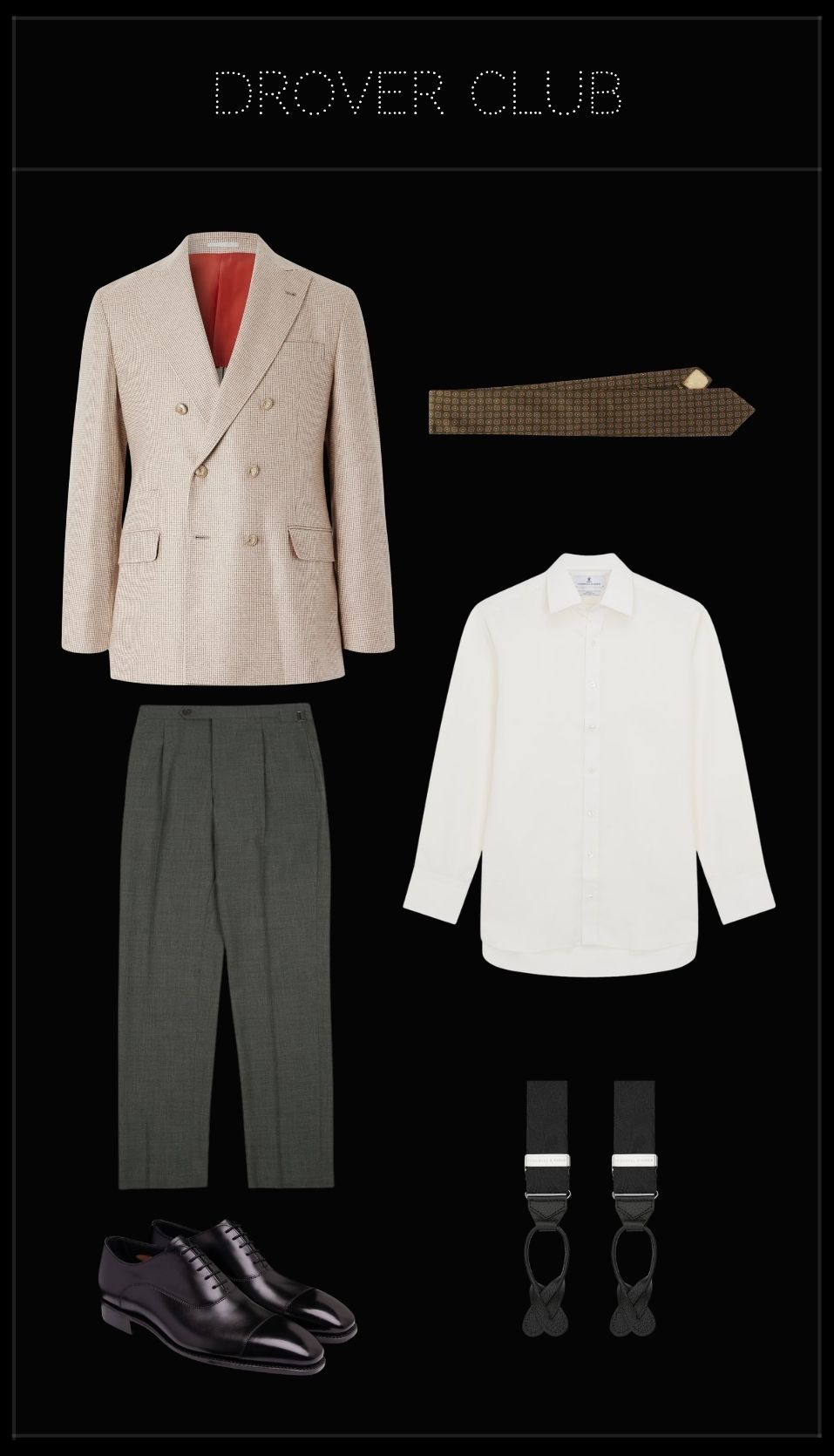 Men's Royal Ascot Windsor Enclosure outfit featuring a double-breasted puppytooth blazer, cream shirt, grey pleated trousers, silk tie, Oxford shoes and silk braces.