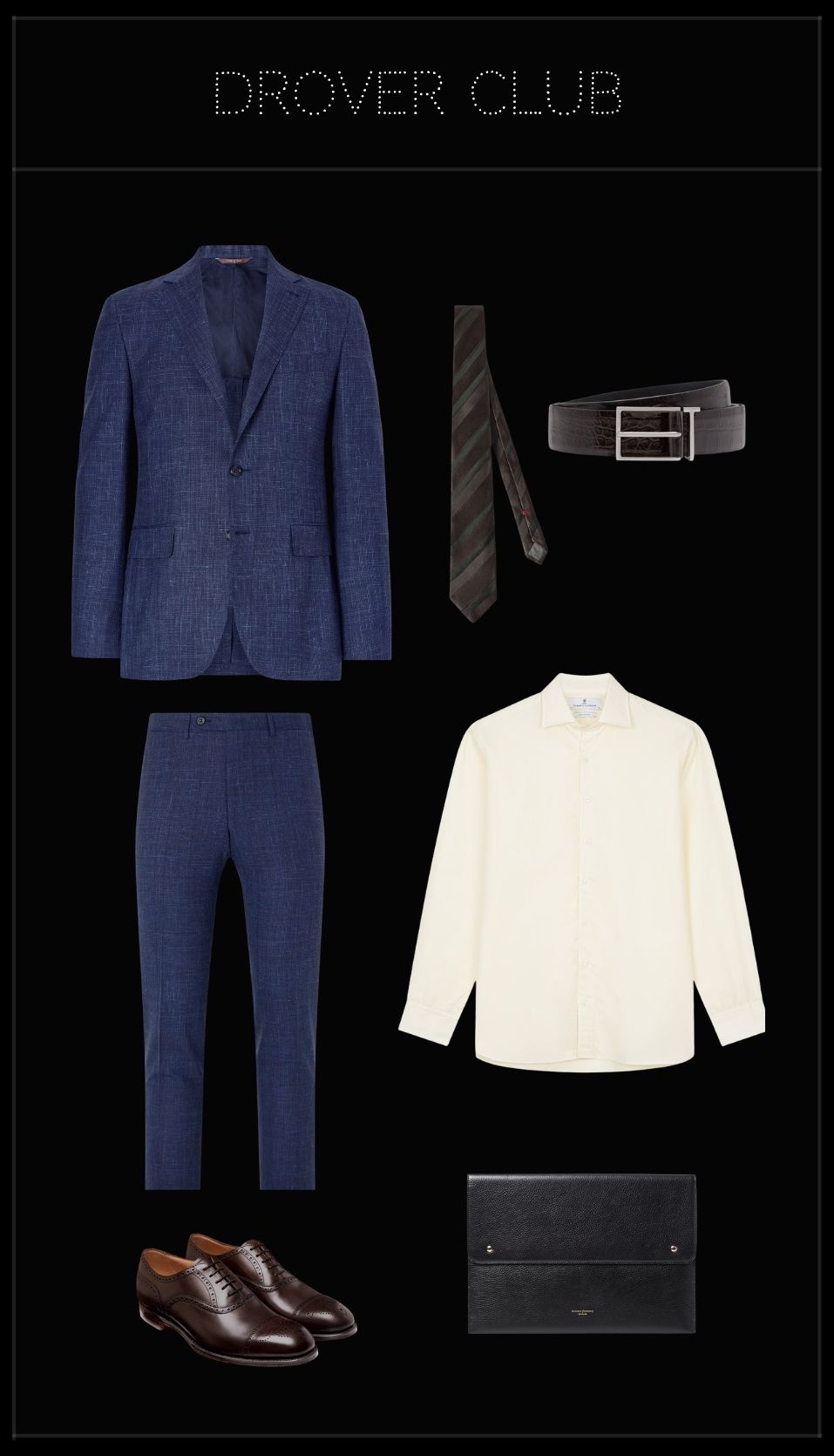Men's VivaTech outfit featuring a blue wool, silk and linen suit, cream shirt, geometric silk tie, brown Oxford shoes and leather laptop case.