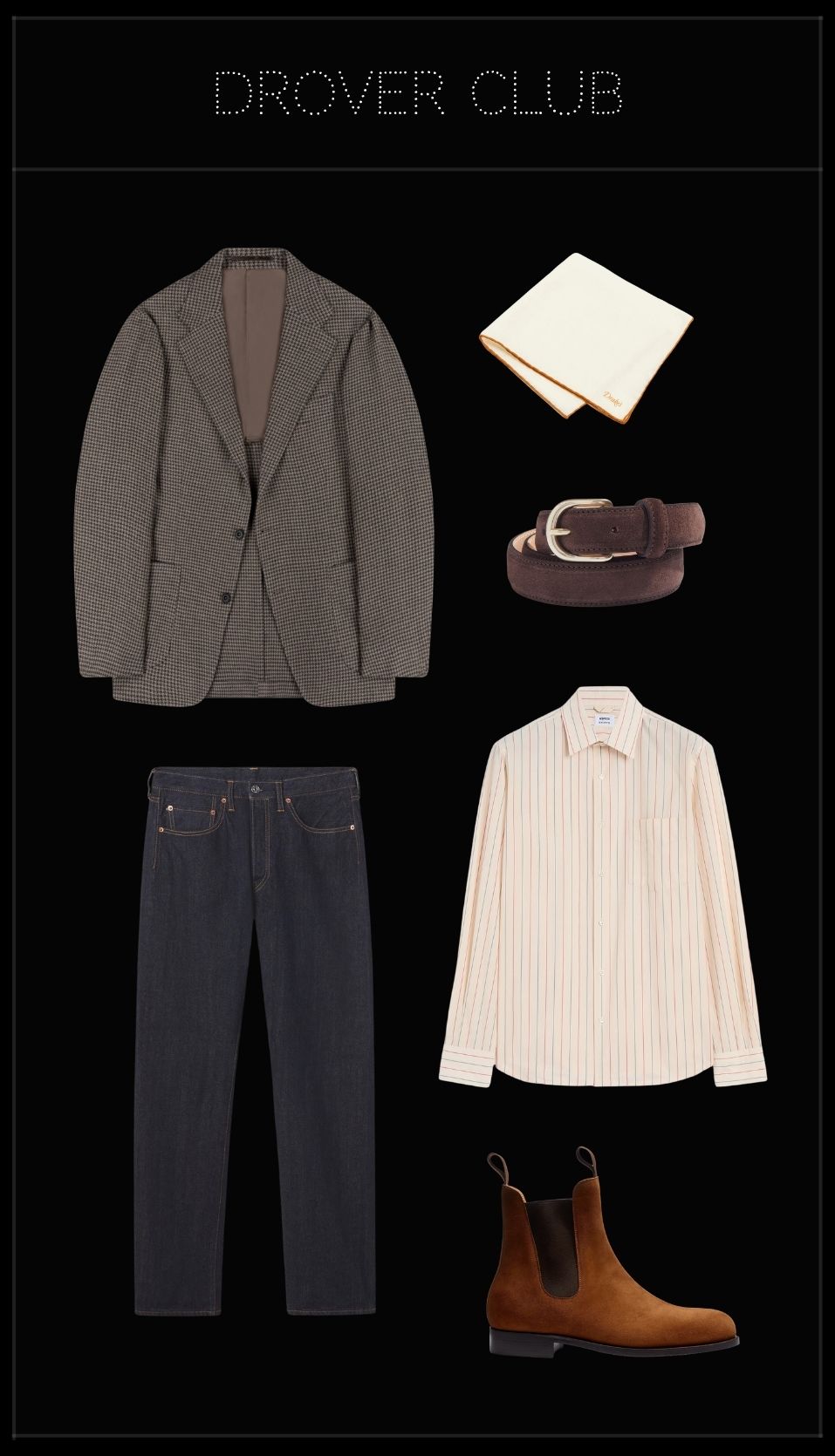 Men's dinner date outfit featuring a wool and linen houndstooth blazer, striped cotton shirt, selvedge jeans, suede Chelsea boots, suede belt and silk pocket square.