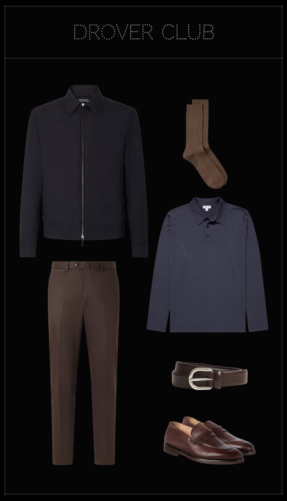 Men's company party outfit featuring a navy wool and silk blouson jacket, knit polo, brown trousers, penny loafers and leather accessories.