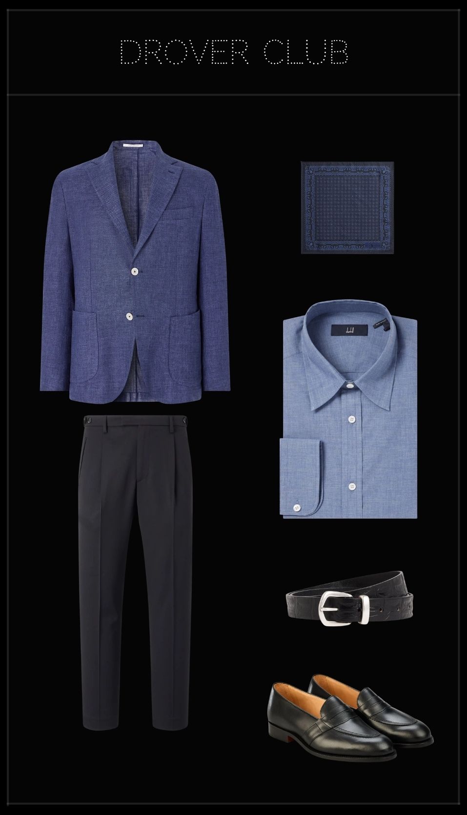 Men's fine dining outfit featuring a blue unlined blazer, chambray shirt, tailored trousers, black leather penny loafers, pocket square, and leather belt.