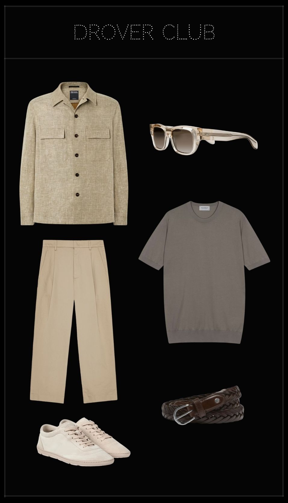 Men's smart casual outfit for the FIFA World Cup Final featuring a linen overshirt, premium T-shirt, tailored trousers, suede sneakers, and luxury accessories.